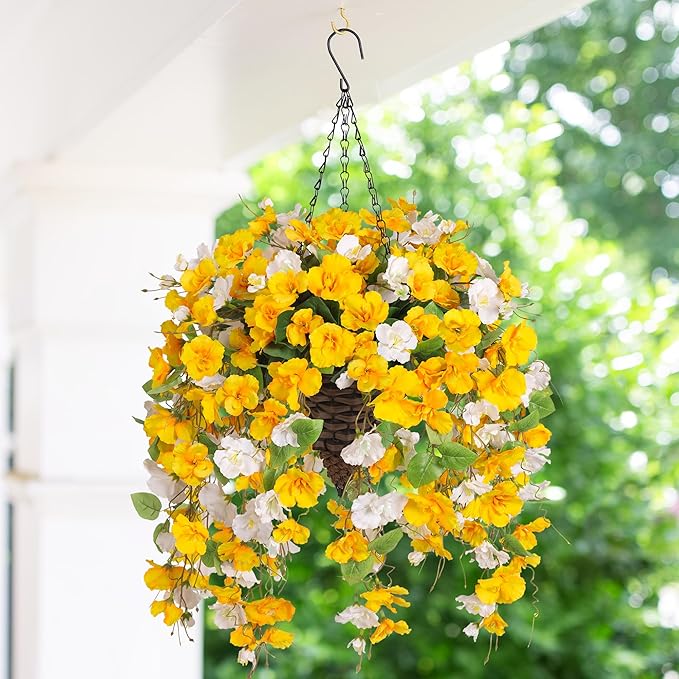 Ivydale Artificial Fake Fall Hanging Flowers Plants Basket for Outdoor Decoration, Fake Hibiscus Vines UV Resistance Look Real Silk Flowers for Home Patio Porch Balcony Garden Yard Wedding, Mix