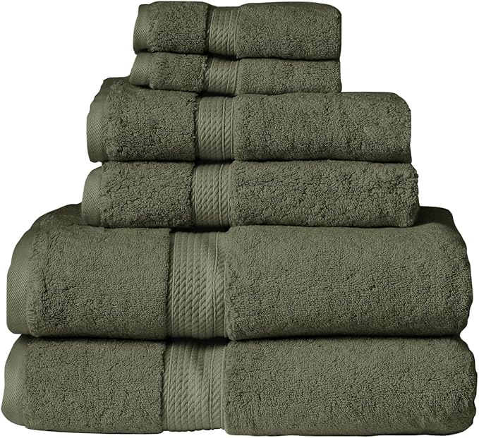 BNM Egyptian Cotton 6-Piece Towel Set, Includes 2 Face Towels, 2 Hand Towels, and 2 Bath Towels, Attached Loop for Easy Hanging and Storage, Hotel Quality, Perfect for Bathroom or Spa, Forest Green