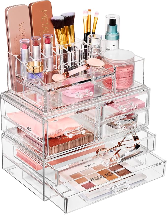 Sorbus Huge Acrylic Makeup Organizer - Extra Large Makeup Case & Display - Stackable 3 Piece Cosmetic Organizers and Storage Set with Acrylic Drawers - Great Vanity, Dresser & Bathroom Organizer