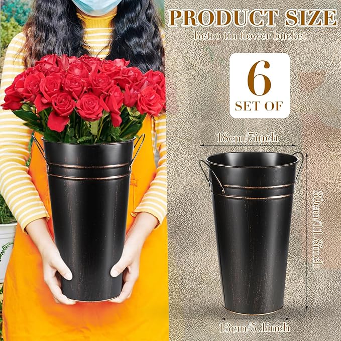 Irenare 12 Inch Vintage Galvanized Flower Bucket Metal Flower Vase Farmhouse French Bucket Planter Metal Floral Container for Party Table Centerpiece Weddings Home(Black,6 Pcs)