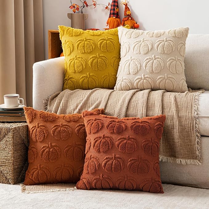 MIULEE Fall Pumpkin Pillow Covers 18x18 Inch Set of 4 - Soft Cozy Plush Decorative Pillows with Embroidered Pumpkin Pattern Autumn Halloween Holiday Decor for Sofa Couch Bed Living Room,Rust-Yellow