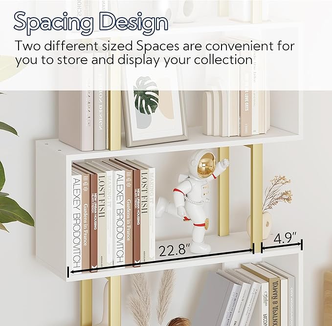 Yusong Geometric Bookcase, S Shaped Bookshelf 6-Tier Book Shelves for Bedroom, Modern Wood Decorative Display Shelf Tall Book Case for Home Office, Gold and White