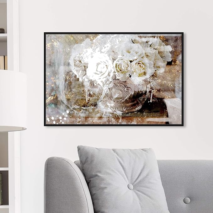 Floral and Botanical Framed Wall Art Canvas Prints 'Serving Roses' Florals, White, Gold, 30" x 20"