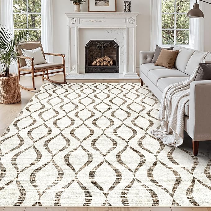 WITSHOCK 8x10 Area Rugs for Bedroom: Washable Non-Slip Soft Geometric Boho Low Pile Large Thin Indoor Rug for Living Room Dining Room, Carpet for Nursery Playroom Decor, Kid & Pet Friendly, Brown