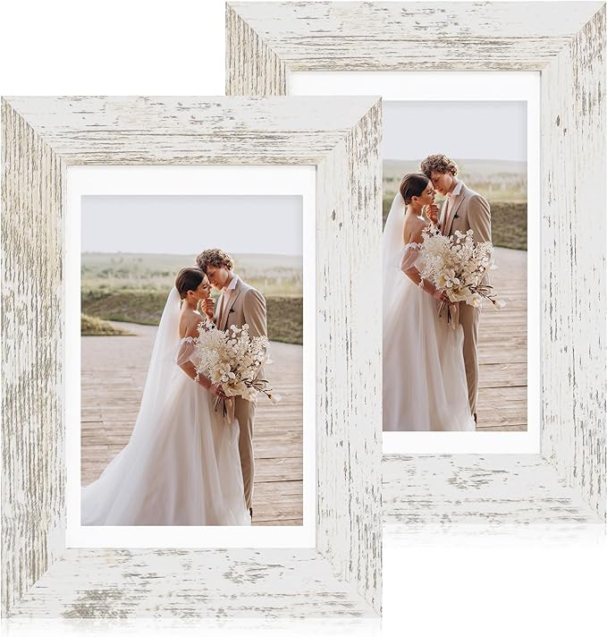 5x7 Picture Frame Set of 2, Made of Real Glass and Distressed White Wooden Frame - Display Pictures 4x6 with Mat or 5x7 Without Mat, 5 by 7 Photo Frame for Wall or Tabletop Display