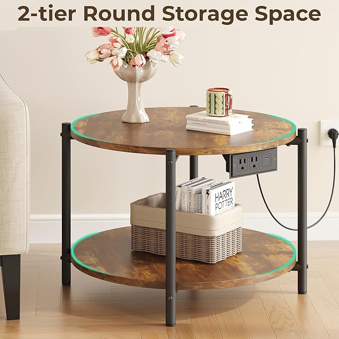 LIKIMIO Round End Table with Charging Station, 23.6" W Wooden Side Table with 2-Tier Storage, Modern Nightstand for Small Spaces, Living Room, Bedroom, Rustic Brown