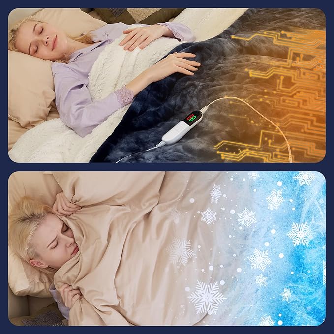 MAXEVE Electric Heated Throw Faux Rabbit Fur Blanket with 8 Heating Levels & 8H Auto Off, Fast Heating Warm Cozy Sherpa Washable Blanket with Over-Heat Protection, ETL Certification, Blue