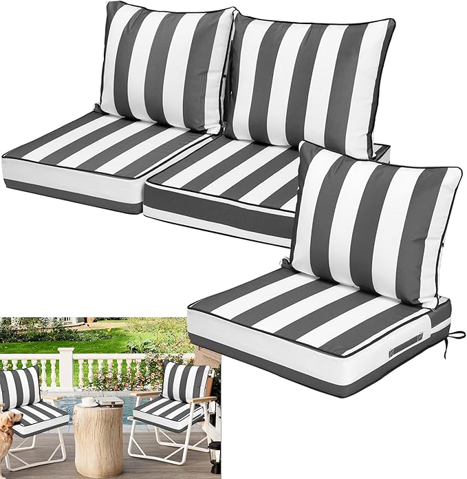Waterproof Outdoor Chair Cushion Set of 3, 24x24x5 IN Deep Seat Patio Cushions with Fade Resistant Removable Cover,Outdoor Cushions for Patio Furniture with Ties&Handle for Chair Sofa Couch,GrayStripe