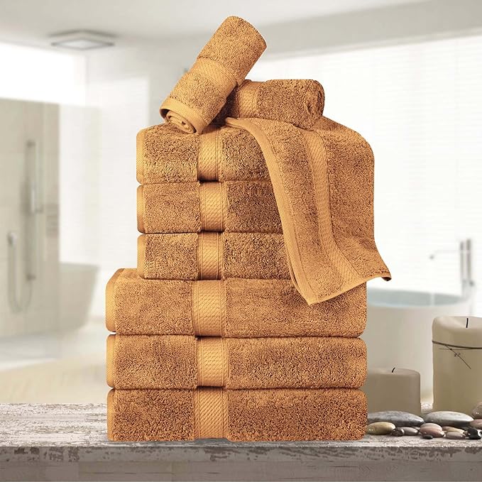 BNM Egyptian Cotton Heavyweight Towels, Ideal For Bathroom, Shower, Spa, Hotel, 800 GSM, Face/ Washcloths, Hand Towels, Bath Towels, Highly-Absorbent, Luxury Basics, 9 Piece Towel Set, Orange Rust