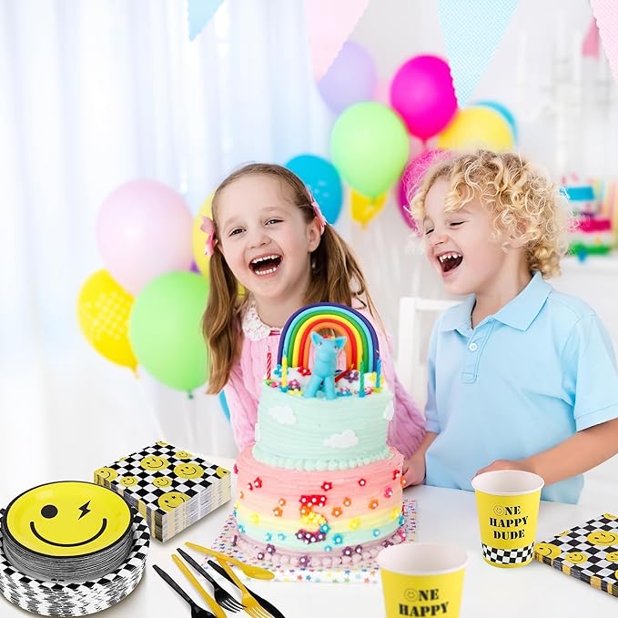 400 Pieces One Happy Dude Disposable Party Tableware Sets Including Plates Cups Napkins Cutlery Serves 50 for Smiley Party 1st Birthday Preppy Party Decorations