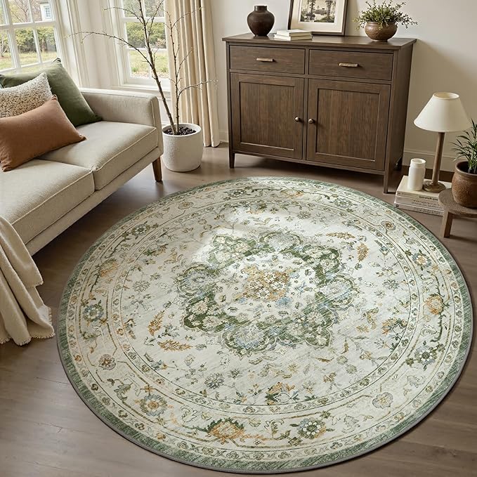 PADOOR-Vintage 6FT Round Rug-Rugs for Living Room-Soft Green Circle Rug-Machine Washable Rugs for Bedroom-Non Slip Carpet-Rug for Dining Room Living Room Bedside Office