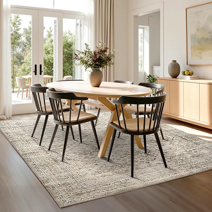 MIULEE 5x7 Vintage Living Room Rug Washable Area Rugs Low Pile Floor Mat for Bedroom Dining Room Non-Slip Stain Resistant Soft Indoor Carpet for Home Decor, Brown