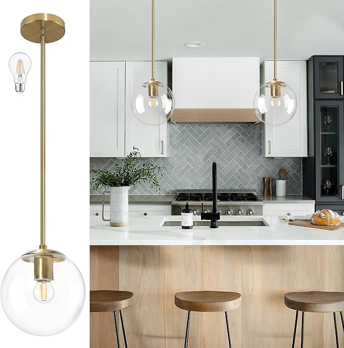 8" Globe Pendant Light Gold Mid Century Modern Light Fixture Clear Glass Pendant Lights Kitchen Island Modern Pendant Lights Brushed Brass Finished with Clear Glass Lampshade for Bedroom