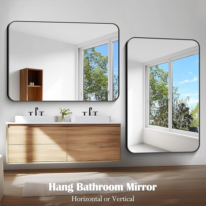 Large Bathroom Mirror, 60 x 40 inch Black Rectangle Mirror, Metal Framed Rectangular Vanity Mirror, Rounded Corner Wall Mounted Mirror for Over Sinks Bedroom Living Room Horizontal/Vertical