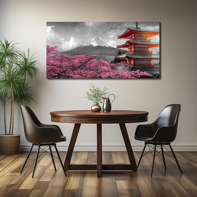 Mount Fuji Wall Art for Living Room Japanese Wall Decor for Bedroom Cherry Blossom Canvas Wall Art for Dining Room Size 24 x 48 Inch