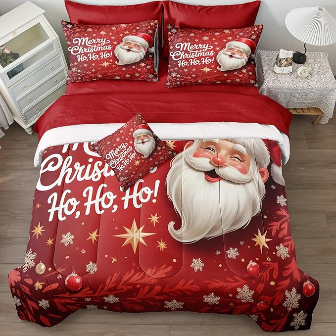 Santa Claus Comforter Queen Red Snowflake Bedding Set Leaf Stars Merry Christmas Bedroom Decor Happy Holiday Boys Girls Xmas Bed in A Bag