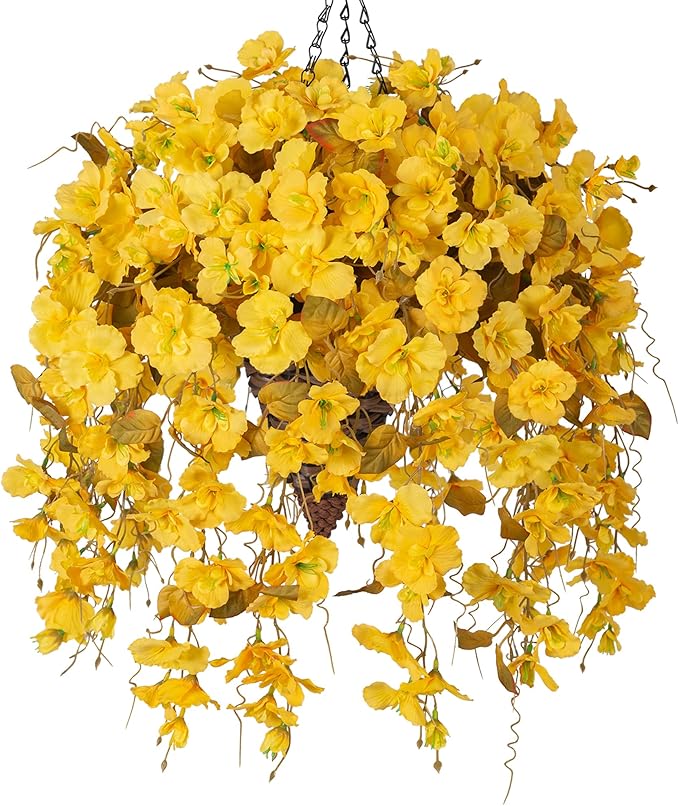 Ivydale Artificial Fall Hanging Flowers with Basket for Outdoors Decoration, Fake Hibiscus Vines Faux Plants Realistic Silk Flowers for Planters Outside Home Patio Porch Balcony, Fall Yellow