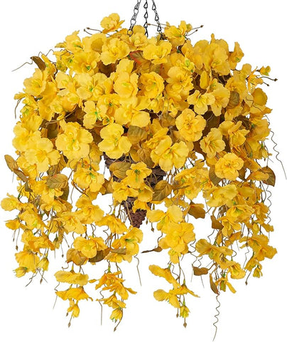 Ivydale Artificial Fall Hanging Flowers with Basket for Outdoors Decoration, Fake Hibiscus Vines Faux Plants Realistic Silk Flowers for Planters Outside Home Patio Porch Balcony, Fall Yellow