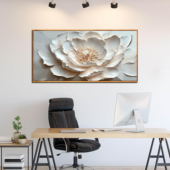 White Flower Pictures Wall Decor for Office Women - Modern Wall Art for Living Room - Wooden Framed Wall Art for Bedroom Size 29" x 59"