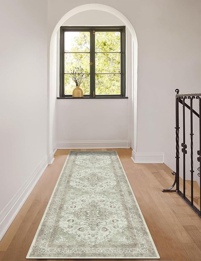 vivorug Sage Green Runner Rug 2x10 Machine Washable Rug with Non-Slip Backing, Ideal for Kitchen Hallway Entryway Laundry Room - Vintage, Durable, Easy Clean, Low Pile Carpet Runner
