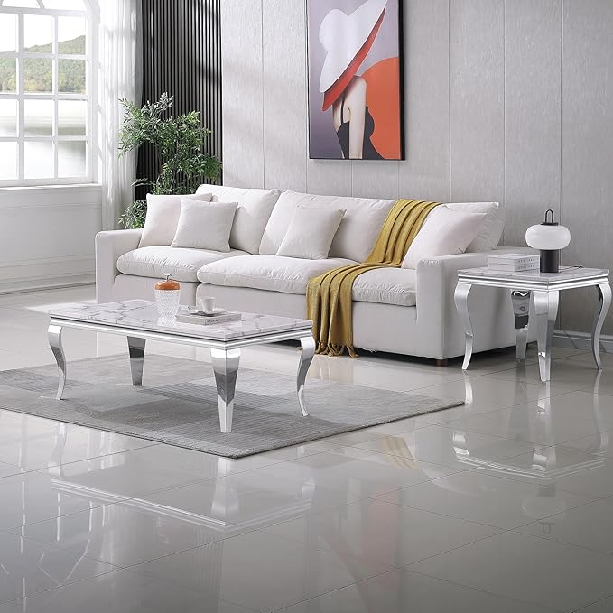 SSLine Rectangular Faux Marble Coffee Table for Living Room Modern Luxury White Marble Center Table with Silver Curved Legs 46.8" Mid-Century Cocktail Table with Mirrored Stainless Steel Frame