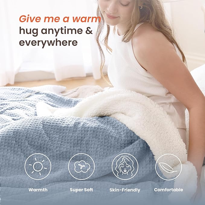 Electric Blanket Striped Twin, 72x84 Inches Sherpa Fleece Fast Heating Blanket 6 Heating Levels & 10 Hours Auto Off ETL Certification,Haze Blue Full