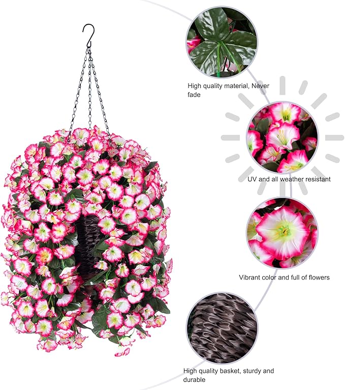 Artificial Hanging Flowers in Basket Fake Plant for Outside, Silk Pink Morning Glory Flower Arrangement for Outdoor Decor, UV Resistant Realistic Floral Planter for Porch Patio Balcony