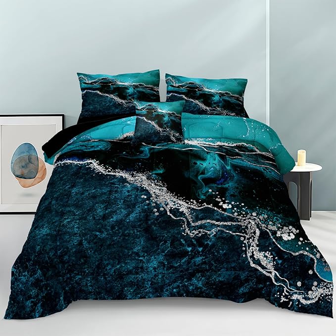 Black Marble Comforter King Turquoise Blue Bedding Set 3 Pcs Marble Stone Natural Theme Artwork Abstract Comforter Super Soft Cozy Black Bed in A Bag with Comforter and Sheet Set