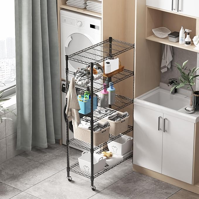 Homdox 5 Tier Metal Storage Shelves with Wheels, Heavy Duty Wire Shelving Unit, Adjustable Storage Racks with Side Hooks for Bathroom Kitchen Garage Pantry Organization, Black