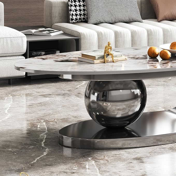 Modern Oval Marble Coffee Table, 51.2" Rectangle Coffee Table with Sintered Stone Top & Gray Geometric Stainless Steel Base, Rectangle Tea Center Tables for Living Room