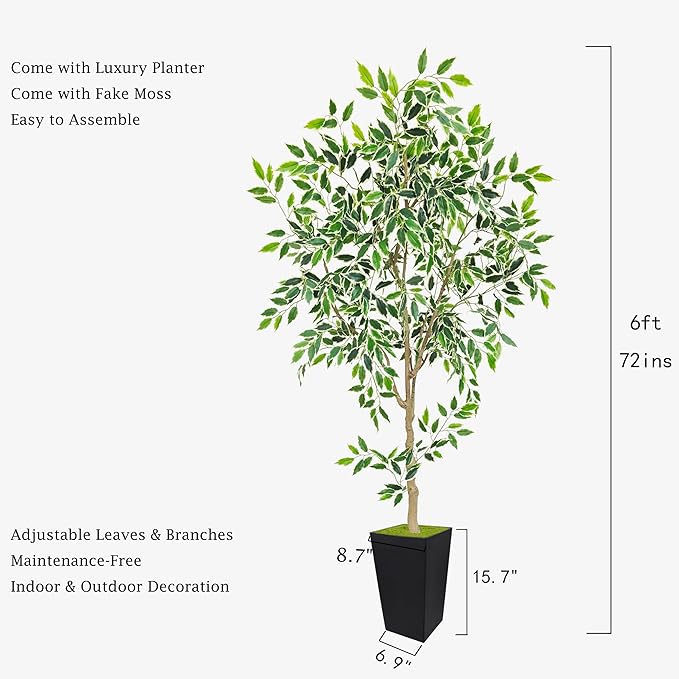Artificial Ficus Plant 6ft, Faux Tree with Black Tall Planter, Fake Ficus Leaves Trees in Pot, Artificial Floor Plants for Home Living Room Office Garden Balcony Foyer Decor Indoor
