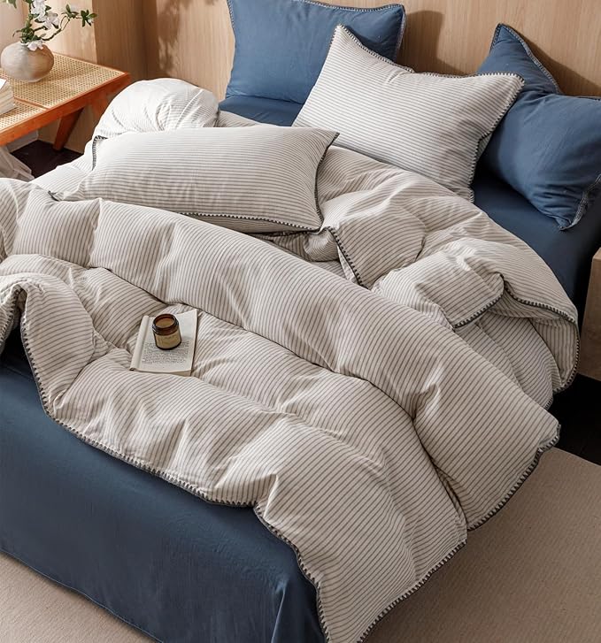 VM VOUGEMARKET Beige Grey Duvet Cover Set with Blue Stripes 3pcs Yarn Dyed Muslin Cotton Vertical Striped Ticking Pattern Bedding Set Without Comforter - Queen Size