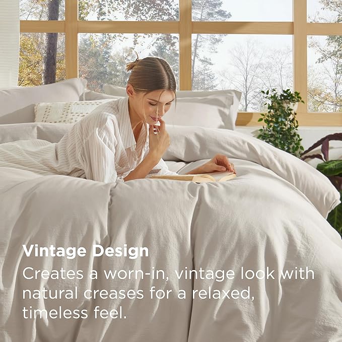 Bedsure 100% Stone Washed Cotton Duvet Cover King Size - Oatmeal Minimalist Cotton Duvet Cover Linen Like for All Seasons - GentleSoft™ Plain Simple Bedding, 3 Pieces (Oatmeal, King, 104"x90")