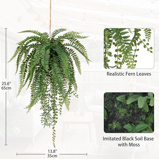 Large Mixed Fern Faux Hanging Plants, Realistic Artificial Plants with Hemp Rope Moss, Indoor for Home Bedroom Bathroom Porch Window Sill Decor, 25.6 Inches Tall, 1 Count