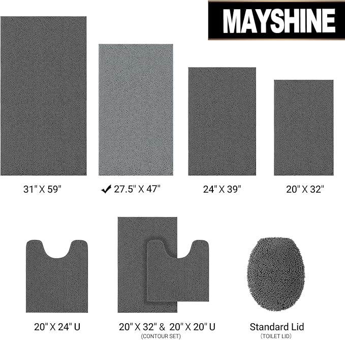 MAYSHINE Plush Shaggy Chenille Bath Mat | Extra Soft, Super Absorbent, Non-Slip Bathroom Rug | Fluffy Microfiber, Area Rug Sets for Bathroom Floor, Kitchen, Living Room | 47"x27" | Grey
