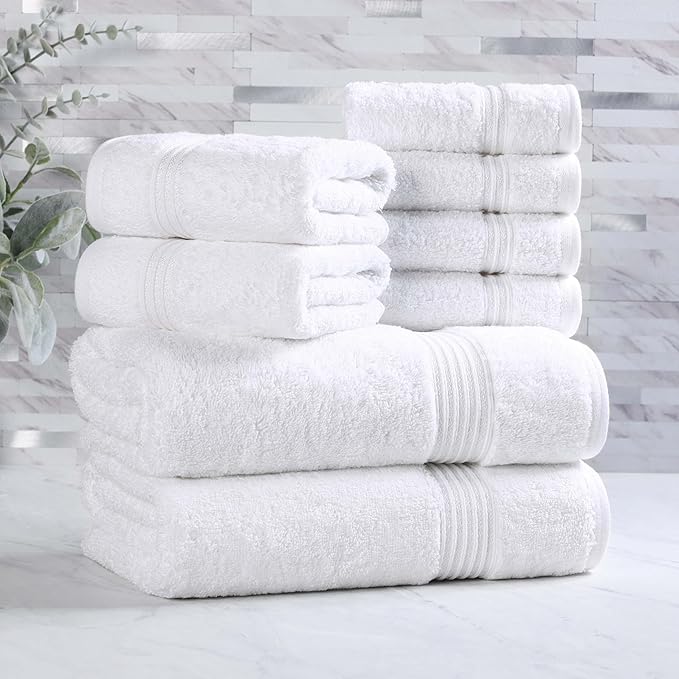 Superior Egyptian Cotton 8-Piece Towel Set, Assorted Towels for Home Bathroom, Guest Bath Decor Essentials, Includes 2 Bath, 4 Hand, 2 Face Towels/Washcloths, Quick Dry, Absorbent, White