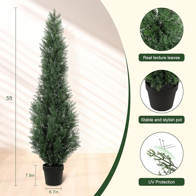 5FT Artificial Cedar Trees - Realistic Faux Evergreen Topiary Bushes Plants - Outdoor Potted Fake Cypress Shrubs for Front Porch Garden Home Decor - Set of 2
