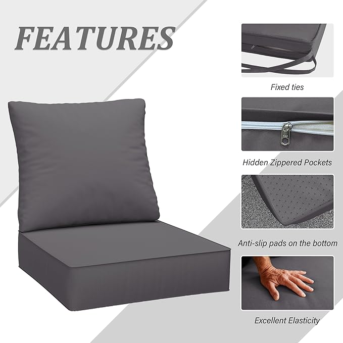 Outdoor Seat Cushion Set 24 x 24 x6.5 Inch Splash-Proof & Fade Resistant Patio Furniture Cushions with Removable Cover Deep Seat & Back Cushion with Straps for Chair Sofa Couch