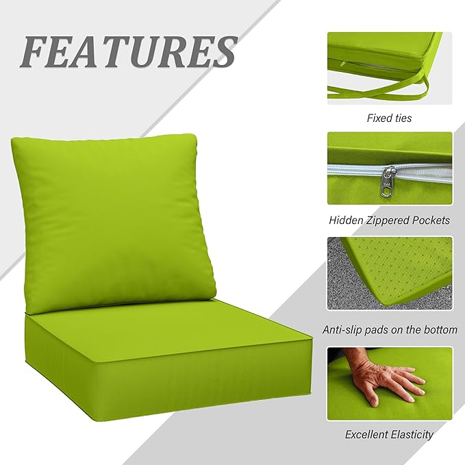 Outdoor Seat Cushion Set 24 x 24 x6.5 Inch Splash-Proof & Fade Resistant Patio Furniture Cushions with Removable Cover Deep Seat & Back Cushion with Straps for Chair Sofa Couch