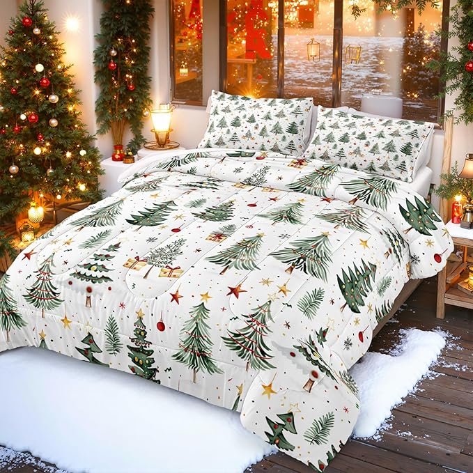Bedorm Christmas Tree Comforter Queen Merry Xmas Bedding Set Green Xmas Tree Yellow Reds Balls Stars Holiday Decor Green White Quilt Comforter Set