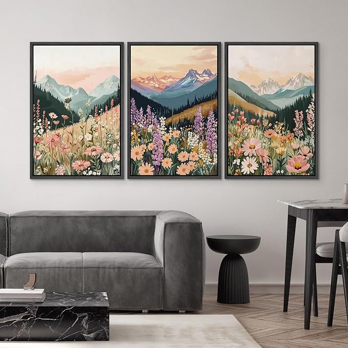 SIGNWIN Framed Canvas Print Wall Art Set Wildflower Meadow with Mountain Sunset Colorful Nature Landscape Illustrations Modern Art Decorative Zen for Living Room, Bedroom, Office - 24"x36"x3 Black