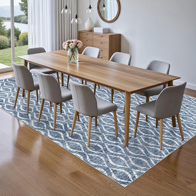 WITSHOCK 10x12 Area Rugs for Bedroom: Washable Non-Slip Large Thin Indoor Rug for Living Room Dining Room, Soft Geometric Low Pile Boho Print Carpet for Nursery Playroom Decor, Blue