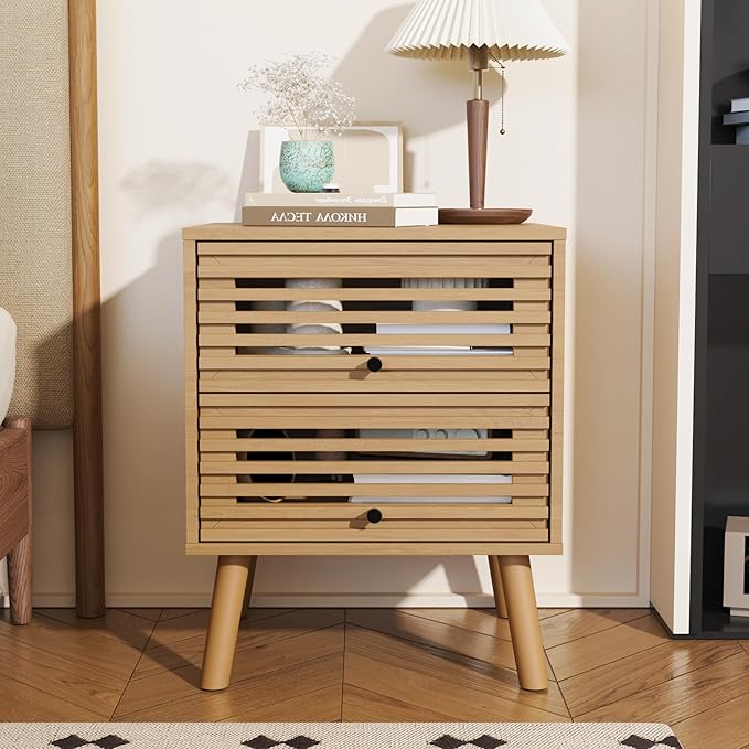 Nightstand, Side Table, End Table, Mid Century Modern Nightstand with Hollowed Drawers, Bedside Tables, Small Nightstands with Storage for Bedroom, Oak