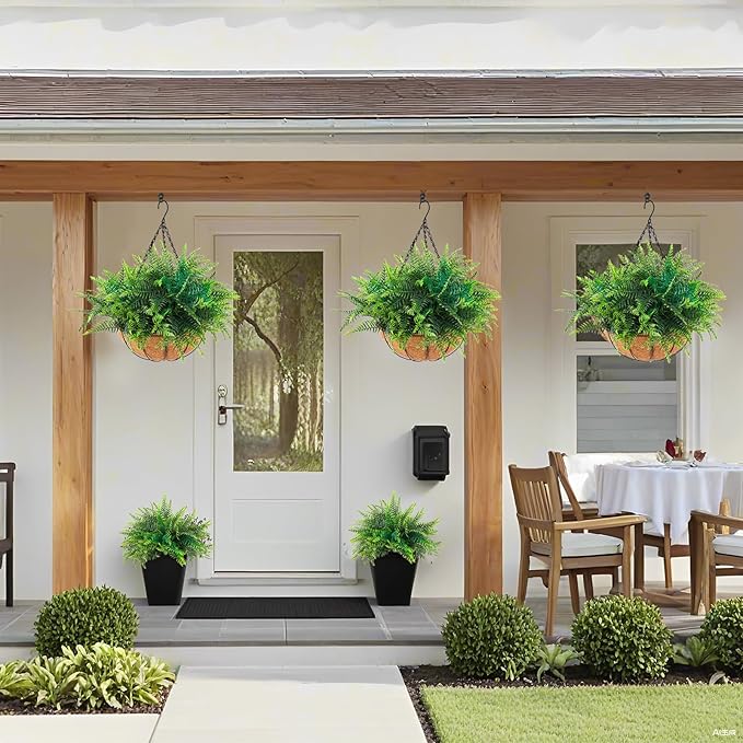 Hananona 2 Set Artificial Hanging Plants Outdoor Fake Hanging Ferns Planter, UV Resistant Faux Fern Plant Basket for Outdoors Patio Garden Home Decor (2, Green)