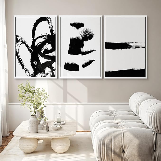 SIGNWIN Framed Wall Art Print Set Grunge Style Black & White Paint Strokes Abstract Shapes Illustrations Modern Art Bohemian Group Dramatic Grey for Living Room, Bedroom, Office - 24"x36"x3 White