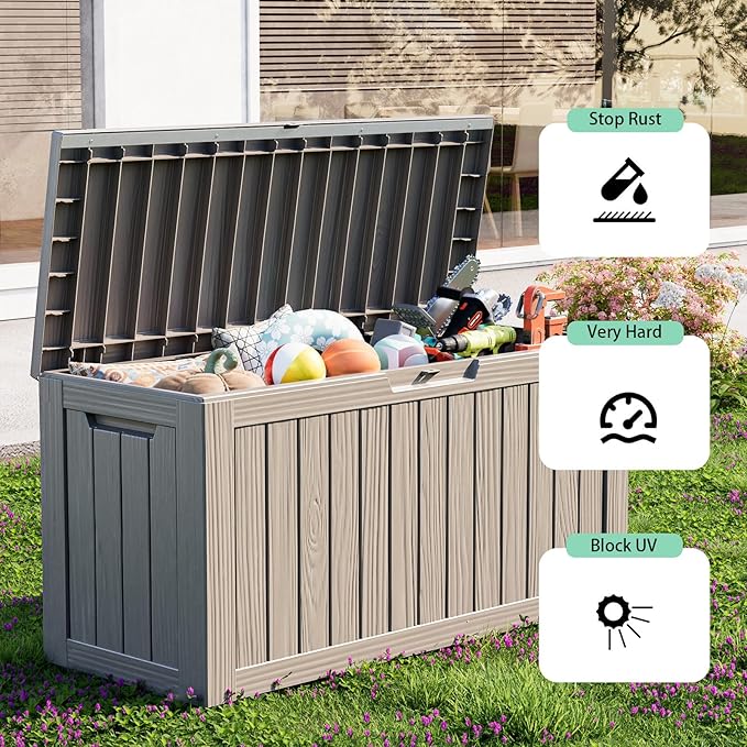 80 Gallon Deck Box,Resin Outdoor Storage Box with Lockable for Patio Furniture, Pool Accessories, Garden Tools Waterproof Outside Storage Box, Grey