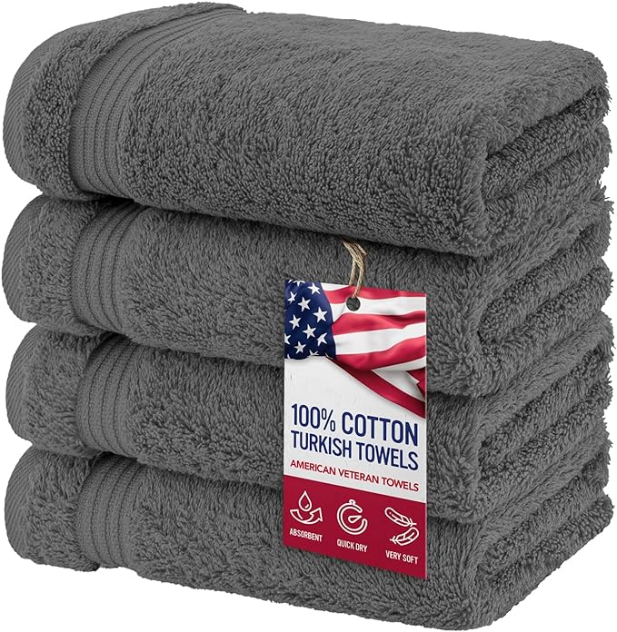 American Veteran Towel, Hand Towels for Bathroom Set of 4, 100% Cotton Turkish Hand Towel Sets Clearance Prime, Soft Hand Face Towels, Dark Gray Hand Towels