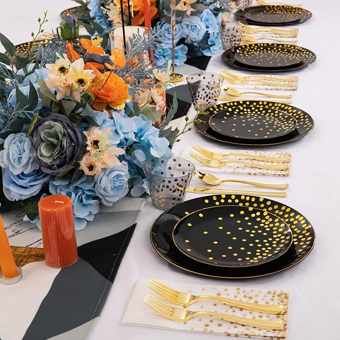 U-QE 350PCS Black and Gold Plastic Dinnerware Set - Graduation Plates and Napkins 2025 - Graduation Party Supplies Include Gold Dot Plastic Plates, Gold cutlery, Napkins, Cups(50 Guests)