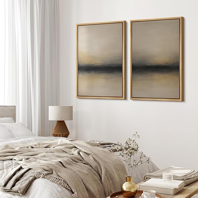 MUDECOR Framed Canvas Print Wall Art Abstract Sunset Horizon Modern Minimalist Beige and Black Illustrations Modern Art Decorative Bohemian for Living Room, Bedroom, Office - 16"x24"x2 Natural