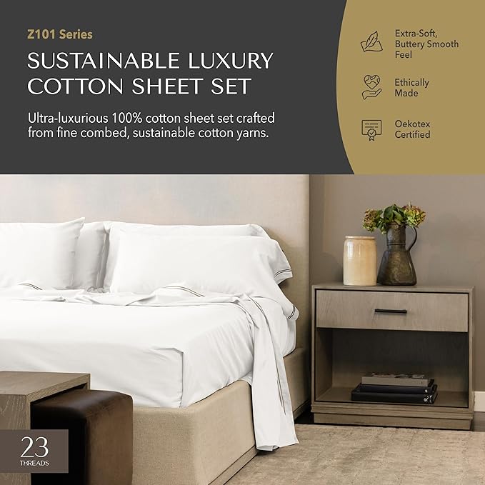 23 THREADS Z101 Series 100% Cotton Bed Sheets and Pillowcases Set, 15 Inch Deep Pocket, Luxury Sustainable Bedding Linen, King, White